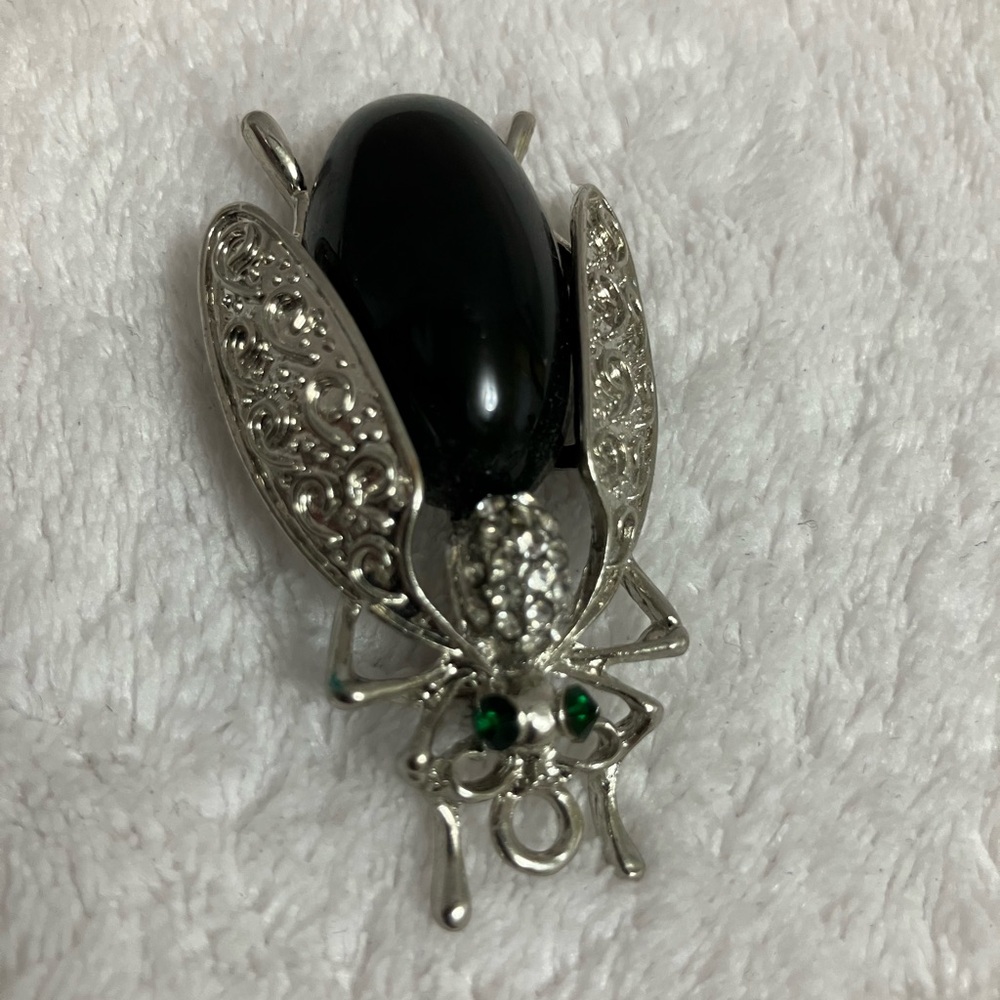 Vintage Silver-Tone Black Beetle Brooch pendant with Green Accents
